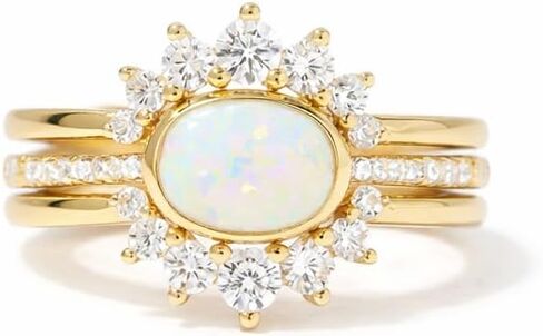 18K Gold Plated Opal Ring Set for Women, 3PCS Crown Inspired Opal & Cubic Zirconia Rings in 925 Sterling Silver, Vintage Bridal Wedding Band Stackable Fine Jewelry in Saudi Arabia