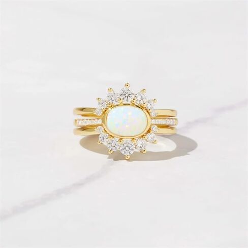 18K Gold Plated Opal Ring Set for Women, 3PCS Crown Inspired Opal & Cubic Zirconia Rings in 925 Sterling Silver, Vintage Bridal Wedding Band Stackable Fine Jewelry in Saudi Arabia