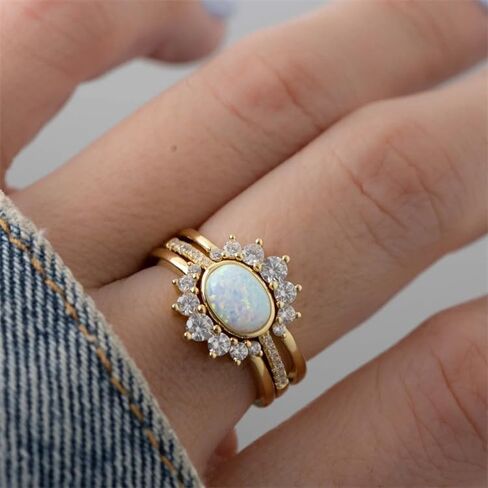 18K Gold Plated Opal Ring Set for Women, 3PCS Crown Inspired Opal & Cubic Zirconia Rings in 925 Sterling Silver, Vintage Bridal Wedding Band Stackable Fine Jewelry in Saudi Arabia