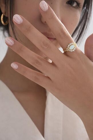 18K Gold Plated Opal Ring Set for Women, 3PCS Crown Inspired Opal & Cubic Zirconia Rings in 925 Sterling Silver, Vintage Bridal Wedding Band Stackable Fine Jewelry in Saudi Arabia