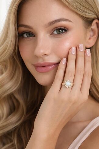 18K Gold Plated Opal Ring Set for Women, 3PCS Crown Inspired Opal & Cubic Zirconia Rings in 925 Sterling Silver, Vintage Bridal Wedding Band Stackable Fine Jewelry in Saudi Arabia