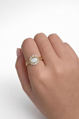 18K Gold Plated Opal Ring Set for Women, 3PCS Crown Inspired Opal & Cubic Zirconia Rings in 925 Sterling Silver, Vintage Bridal Wedding Band Stackable Fine Jewelry in Saudi Arabia