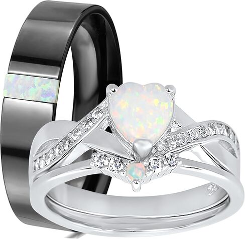 LaRaso & Co His Her Wedding Ring Set 3 Piece Trio Opal Silver Titanium Couples Bands in Saudi Arabia