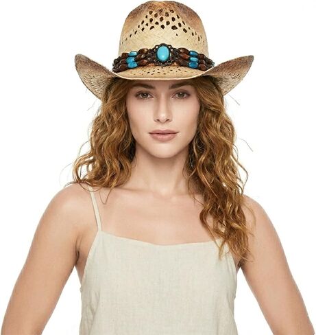 Straw Cowboy Cowgirl Hat for Women Men Hollow Out Wide Brim Summer Beach Sun Hat with Chin Strap in Saudi Arabia
