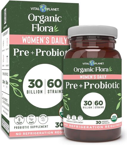 Vital Planet - Organic Flora Probiotics for Women, Women's Daily Shelf Stable Probiotic 30 Billion CFU, 60 Diverse Strains, Prebiotic Organic Mushroom Blend, Immune and Digestive Health 30 Capsules in Kuwait
