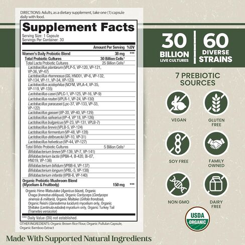 Vital Planet - Organic Flora Probiotics for Women, Women's Daily Shelf Stable Probiotic 30 Billion CFU, 60 Diverse Strains, Prebiotic Organic Mushroom Blend, Immune and Digestive Health 30 Capsules in Kuwait