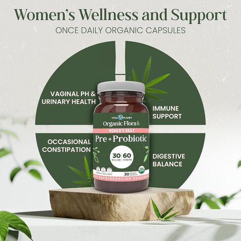 Vital Planet - Organic Flora Probiotics for Women, Women's Daily Shelf Stable Probiotic 30 Billion CFU, 60 Diverse Strains, Prebiotic Organic Mushroom Blend, Immune and Digestive Health 30 Capsules in Kuwait