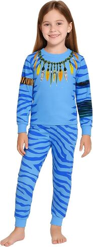 LEMONBABY Kids Pajama Set, Blue Tribal Feather Sleepwear for Girls, Soft Long Sleeve 2-Piece PJs for Sleep & Play in Saudi Arabia