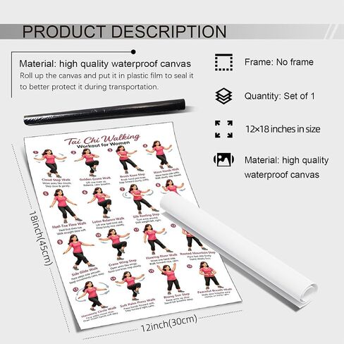 GO-SANTNN Tai Chi Walking Workout for Women Poster Wellness Exercise Chart Canvas Wall Art Balance and Mindful Movement Exercise Prints Living Room Office Apartment Wall Decor 12x18 inch Unframed in Kuwait