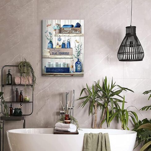 BJVJKSU Navy Blue Bathroom Decor Wall Art Rustic Blue Bathroom Canvas Wall Decor Please Seat Yourself Sign Print Painting Vintage Aesthetic Picture Artwork Decor(12x16in) in Saudi Arabia