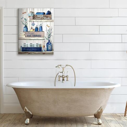 BJVJKSU Navy Blue Bathroom Decor Wall Art Rustic Blue Bathroom Canvas Wall Decor Please Seat Yourself Sign Print Painting Vintage Aesthetic Picture Artwork Decor(12x16in) in Saudi Arabia