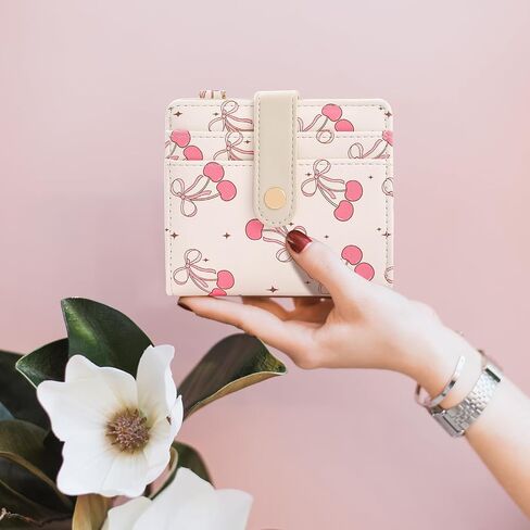 COOKOOKY Cherry Bowknot Wallet Women, Rfid Blocking Womens Wallet with Credit Card Holder, PU Leather Bifold Cash Zipper Coin Pocket ID Window for Women Teen Girls in Saudi Arabia
