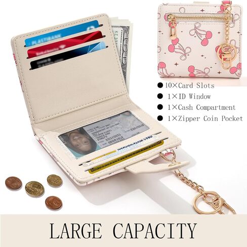 COOKOOKY Cherry Bowknot Wallet Women, Rfid Blocking Womens Wallet with Credit Card Holder, PU Leather Bifold Cash Zipper Coin Pocket ID Window for Women Teen Girls in Saudi Arabia