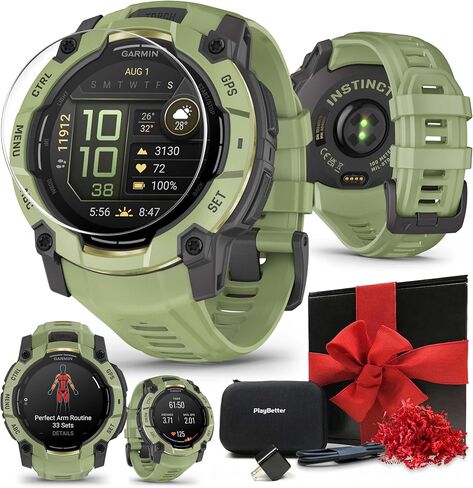 Garmin Instinct 3 Solar 50mm (Black/Charcoal) Brugged Outdoor GPS Smartwatch Box Bundle - مدي معدني مقوَّد به ، مصباح يدوي مدمج مع واقيات شاشة Playbetter HD ، محول الجدار وحالة in Kuwait