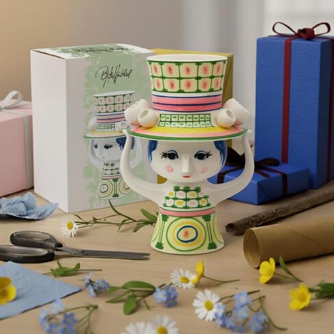 Bjørn Wiinblad Lady with Hat Vase | Hand-Painted Glazed Ceramic | Green | 9.6 in in Saudi Arabia