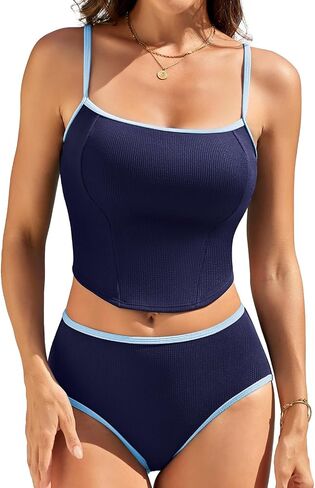 RIHOAS Women's Tankini Swimsuits Two Piece Spaghetti Strap Crop Tops with High Waisted Boyshort Bottoms Swimwear in Kuwait