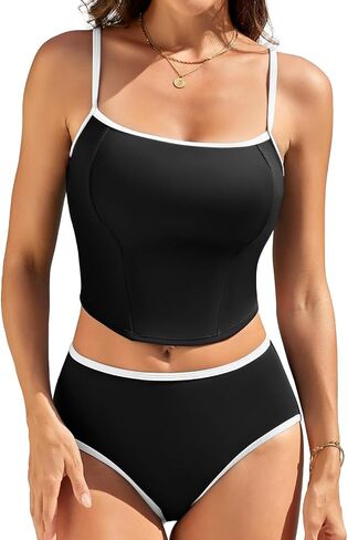 RIHOAS Women's Tankini Swimsuits Two Piece Spaghetti Strap Crop Tops with High Waisted Boyshort Bottoms Swimwear in Kuwait