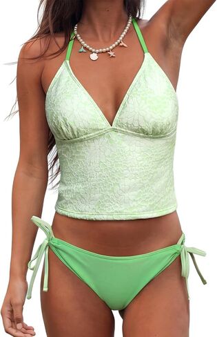 CUPSHE Women's Tankini Set Swimsuit Cute Halter Strap Color Block Bathing Suit String Side Tie Mid Rise Swimwear 2026 in Kuwait