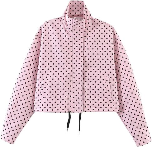 Womens Polka Dot Cropped Jacket Stand Collar Zip Up 2026 Trendy Casual Fashion Jacket Coat with Pockets in Saudi Arabia