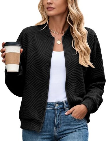 WROLEM Womens Casual Zip up Jackets Comfy Long Sleeve Textured Bomber Jacket Coat Loose Fit Fashion Outfits in Kuwait
