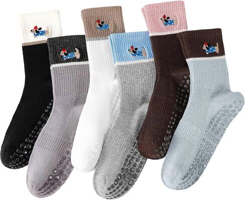 6 Pairs Cute Pilates Grip Socks for Women, Non Slip Yoga Sock, Pilates Grippy Crew Socks with Dog Pattern for Barre Ballet Barefoot Yoga, Workout, Hospital in Kuwait