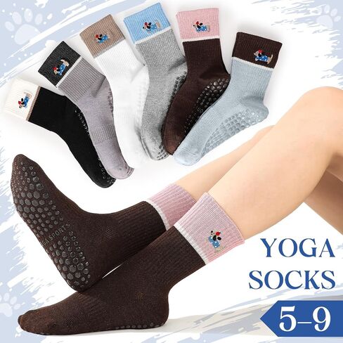 6 Pairs Cute Pilates Grip Socks for Women, Non Slip Yoga Sock, Pilates Grippy Crew Socks with Dog Pattern for Barre Ballet Barefoot Yoga, Workout, Hospital in Kuwait