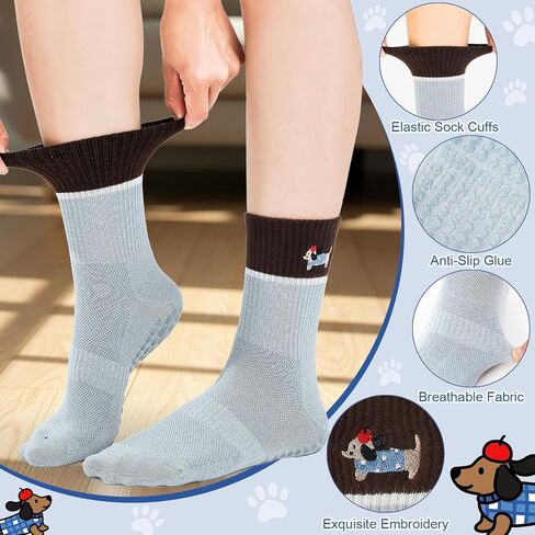 6 Pairs Cute Pilates Grip Socks for Women, Non Slip Yoga Sock, Pilates Grippy Crew Socks with Dog Pattern for Barre Ballet Barefoot Yoga, Workout, Hospital in Kuwait