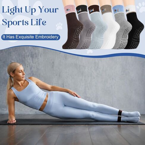 6 Pairs Cute Pilates Grip Socks for Women, Non Slip Yoga Sock, Pilates Grippy Crew Socks with Dog Pattern for Barre Ballet Barefoot Yoga, Workout, Hospital in Kuwait