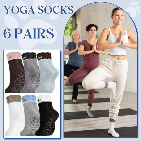 6 Pairs Cute Pilates Grip Socks for Women, Non Slip Yoga Sock, Pilates Grippy Crew Socks with Dog Pattern for Barre Ballet Barefoot Yoga, Workout, Hospital in Kuwait