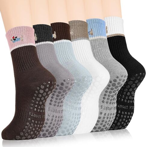 6 Pairs Cute Pilates Grip Socks for Women, Non Slip Yoga Sock, Pilates Grippy Crew Socks with Dog Pattern for Barre Ballet Barefoot Yoga, Workout, Hospital in Kuwait