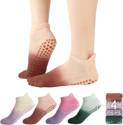 Pilates Grip Socks for Women, 4 Pairs Non Slip Yoga Socks with Grips, Cushioned Barre Socks with Arch Support, Soft Stretch Fit for Pilates, Home Workouts and Everyday Wear in Kuwait