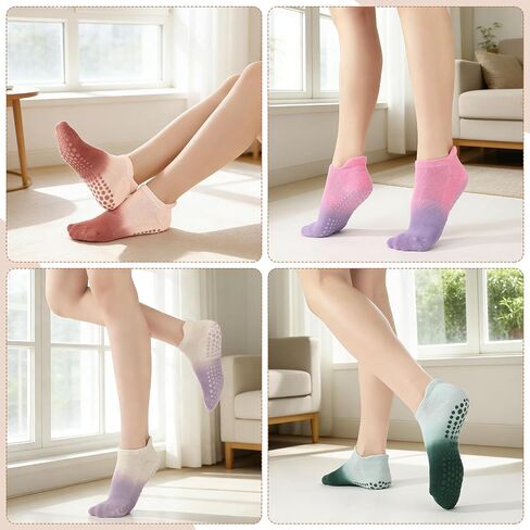 Pilates Grip Socks for Women, 4 Pairs Non Slip Yoga Socks with Grips, Cushioned Barre Socks with Arch Support, Soft Stretch Fit for Pilates, Home Workouts and Everyday Wear in Kuwait