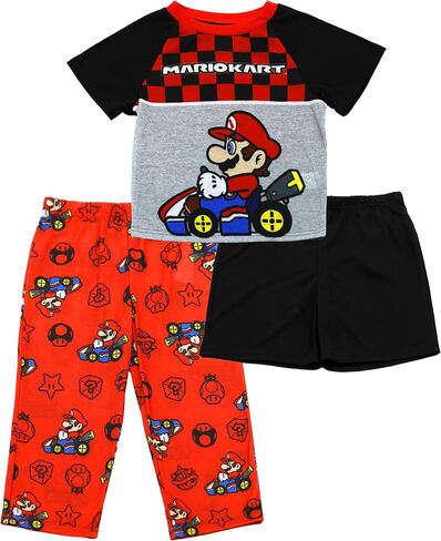 Nintendo Super Mario Pajamas for Boys, 3 Piece Boys Mario Pajamas, Super Mario Pjs for Kids, Shirt, Pants & Shorts, Size 4-10 in Kuwait