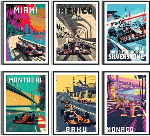 HK Studio F1 Race Car Posters Decor 8" x 11" Pack 6 - Dorm Decor, Vintage Room Decor Aesthetic, Teen Room Decor in Kuwait