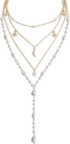 Multilayer Baroque Pearls Y Necklaces for Women Long Crystal Star Moon Pendant Necklaces Layered Beaded Chain Choker Necklaces Jewelry Accessories in Kuwait