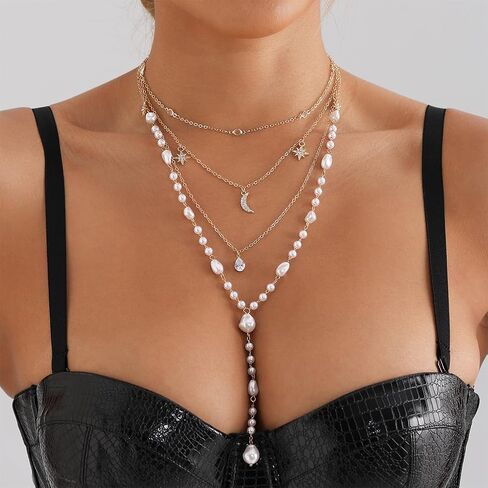 Multilayer Baroque Pearls Y Necklaces for Women Long Crystal Star Moon Pendant Necklaces Layered Beaded Chain Choker Necklaces Jewelry Accessories in Kuwait