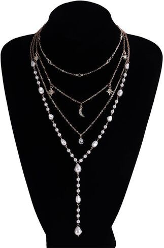 Multilayer Baroque Pearls Y Necklaces for Women Long Crystal Star Moon Pendant Necklaces Layered Beaded Chain Choker Necklaces Jewelry Accessories in Kuwait