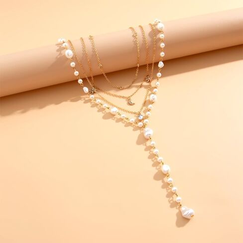 Multilayer Baroque Pearls Y Necklaces for Women Long Crystal Star Moon Pendant Necklaces Layered Beaded Chain Choker Necklaces Jewelry Accessories in Kuwait