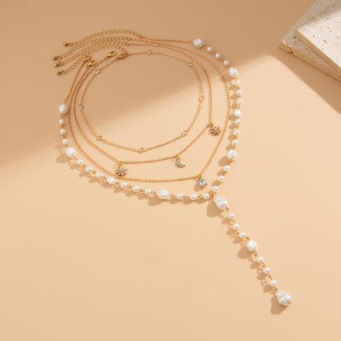 Multilayer Baroque Pearls Y Necklaces for Women Long Crystal Star Moon Pendant Necklaces Layered Beaded Chain Choker Necklaces Jewelry Accessories in Kuwait