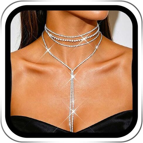 ACEDRE Rhinestone Choker Necklace Silver Diamond Layered Y Necklaces Prom Costume Jewelry for Women in Kuwait