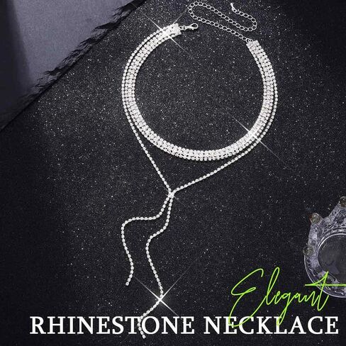 ACEDRE Rhinestone Choker Necklace Silver Diamond Layered Y Necklaces Prom Costume Jewelry for Women in Kuwait