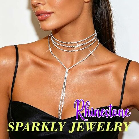 ACEDRE Rhinestone Choker Necklace Silver Diamond Layered Y Necklaces Prom Costume Jewelry for Women in Kuwait