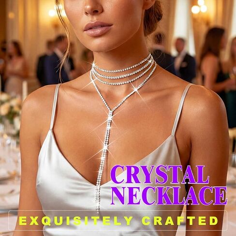 ACEDRE Rhinestone Choker Necklace Silver Diamond Layered Y Necklaces Prom Costume Jewelry for Women in Kuwait