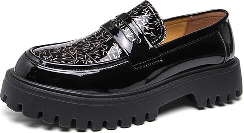Chunky Platform Loafers for Men's Patent Leather Print Round Toe Wide Width Comfort Non-Slip Lug Sole Formal Dress Shoes for Business Work Causal Daily in Saudi Arabia