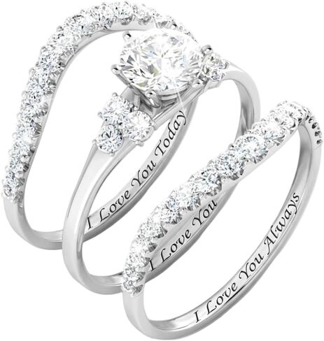 3 - Piece Wedding Ring Set for Women - Engraved I Love You Today Tomorrow Always - Silver Plated Round Cut Cubic Zirconia Engagement Eternity Band Bridal Set in Kuwait