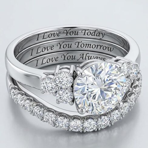 3 - Piece Wedding Ring Set for Women - Engraved I Love You Today Tomorrow Always - Silver Plated Round Cut Cubic Zirconia Engagement Eternity Band Bridal Set in Kuwait
