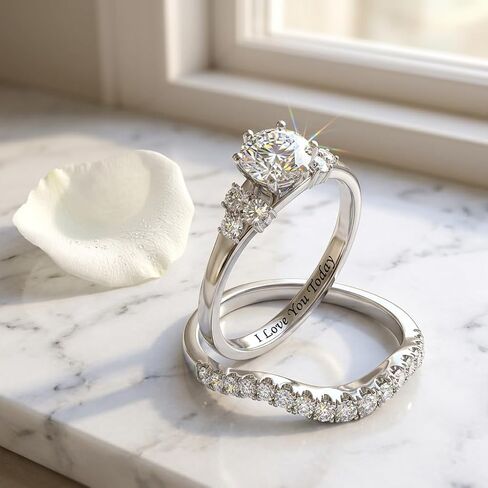 3 - Piece Wedding Ring Set for Women - Engraved I Love You Today Tomorrow Always - Silver Plated Round Cut Cubic Zirconia Engagement Eternity Band Bridal Set in Kuwait