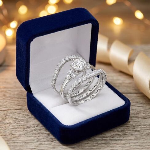 3 - Piece Wedding Ring Set for Women - Engraved I Love You Today Tomorrow Always - Silver Plated Round Cut Cubic Zirconia Engagement Eternity Band Bridal Set in Kuwait