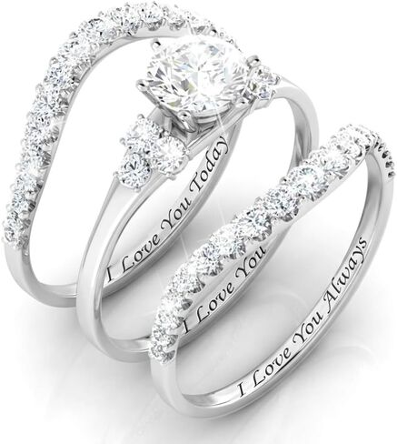 3 - Piece Wedding Ring Set for Women - Engraved I Love You Today Tomorrow Always - Silver Plated Round Cut Cubic Zirconia Engagement Eternity Band Bridal Set in Kuwait