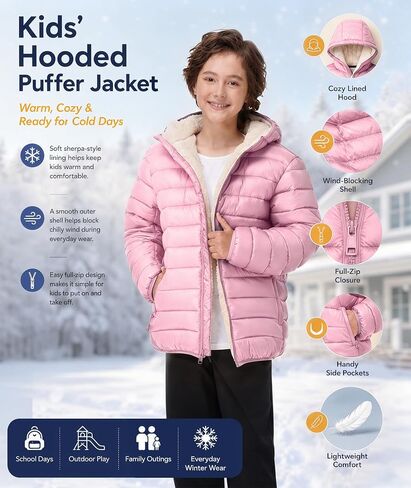 Kids Hooded Winter Coats Sherpa Fleece Lined Water-Resistant Puffer Jacket Hoodie Outerwear in Saudi Arabia